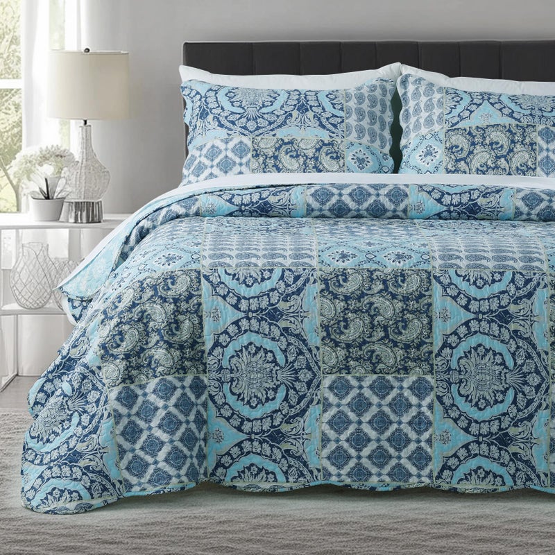 KASENTEX Country-Chic Printed Pre-Washed Quilt Bedding Set - Microfiber Fabric Quilted Pattern Bedding (Multi-Blue B, Queen + 2 Shams) - Image 1